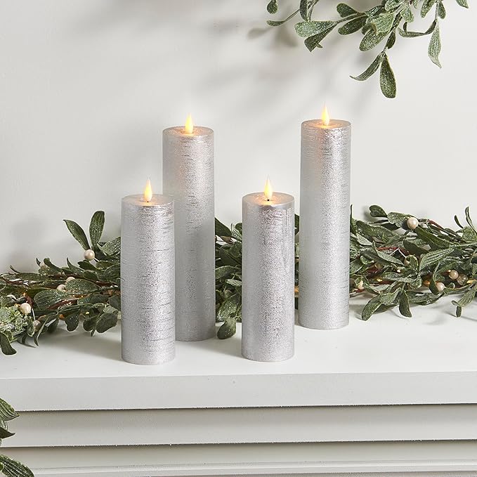 LampLust Flickering Flameless Candles, Set of 4 Silver Pillar Candles, Battery Operated, Romantic Candles, Great for Proposal Decorations, Wedding Centerpieces, Enchanted Forest Decorations