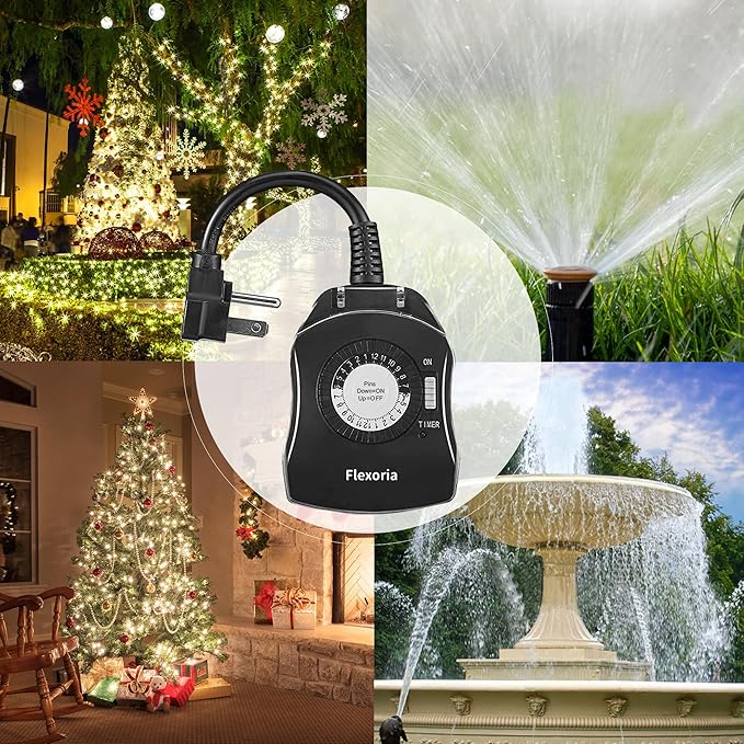 Outdoor Timer Outlet Waterproof, 24 Hour Mechanical Plug in Light Timer, 2 Grounded Outlets for Outdoor Lights, 15A 1/2 HP, ETL Listed (1 Pack)