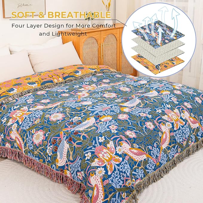 King Throw Blanket for Bed 100% Cotton Boho Oversized Soft Cozy Muslin Quilt Blanket Double Embroider Bird and Florals, Vintage Farmhouse Cottage Woven Blankets for Bedding Couch,90"×98"- Blue&Yellow