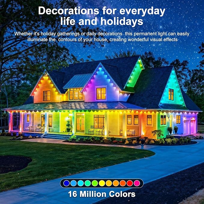LITSOUL 400FT Permanent Outdoor Lights for House Waterproof, Smart RGB Eave LED Lighting with 16 Million Colors, IP67 Outdoor Strip Lights for Christmas Halloween Holiday Daily Decorations (400FT)