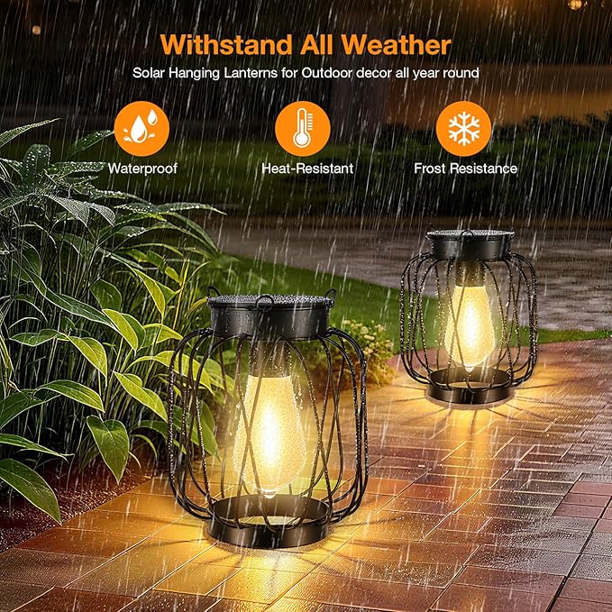 Solar Lanterns Outdoor 4 Pack, Metal Solar Hanging Lanterns with Hook - Outdoor Hanging Lantern Lights Waterproof, Bright Warm Lantern Decor for Outside Garden Yard Patio Pathway