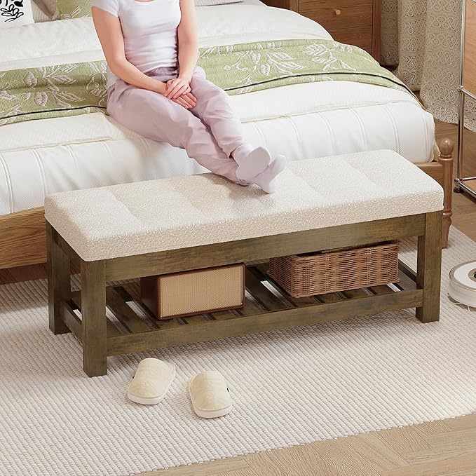 Large Upholstered Ottoman Bench Entryway Storage Benches Tufted Linen Ottoman Bench with Wood Shelf Padded End of Bed Bench for Bedroom Living Room Hallway Decor