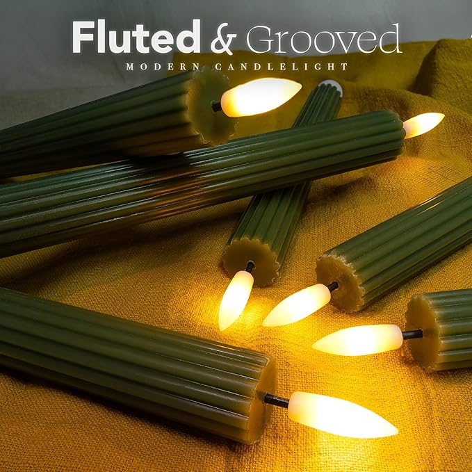 WYZworks 10" Fluted Ribbed LED Loden Green Grooved Pillar Candles, Remote & 24h Timer Memory, On/Off Switch - Flameless Dimmable Battery Operated w/Flicker Mode, Home Wedding Decor (6 Pack)