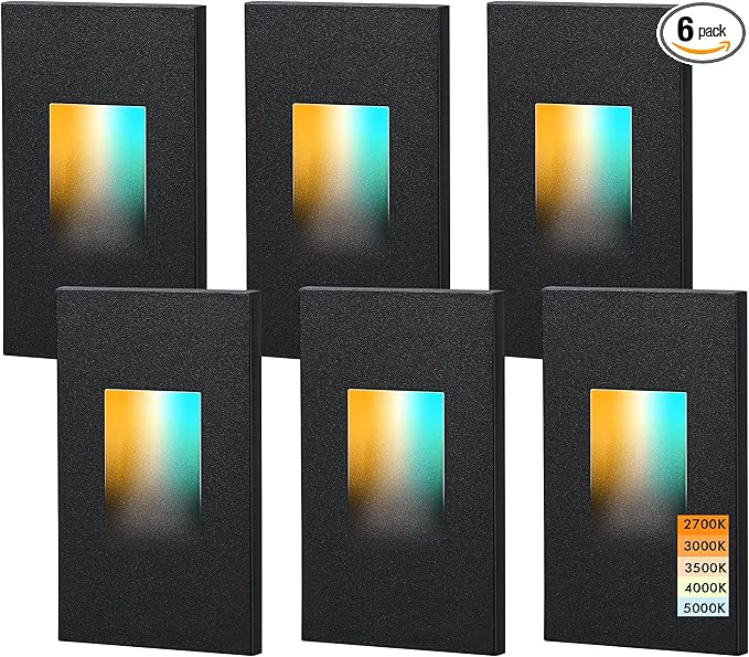 CLOUDY BAY 120V Dimmable 5 Color LED Indoor Outdoor Step Light,2700K/3000K/3500K/4000K/5000K 3W 35lm,Stair Lights,Black,6 Pack
