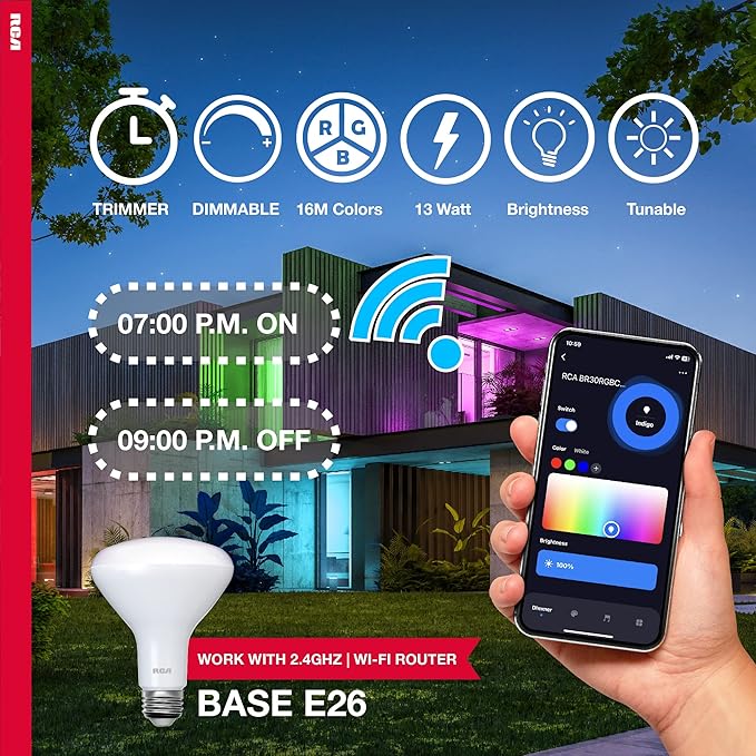 RCA WiFi LED Smart Light Bulbs 2-Pack, BR30 Indoor Flood Light 9W 60W Equivalent, Alexa Devices Compatible, Google Home, Dimmable Tunable White & Color Changing Lightbulb, 720 Lumens E26