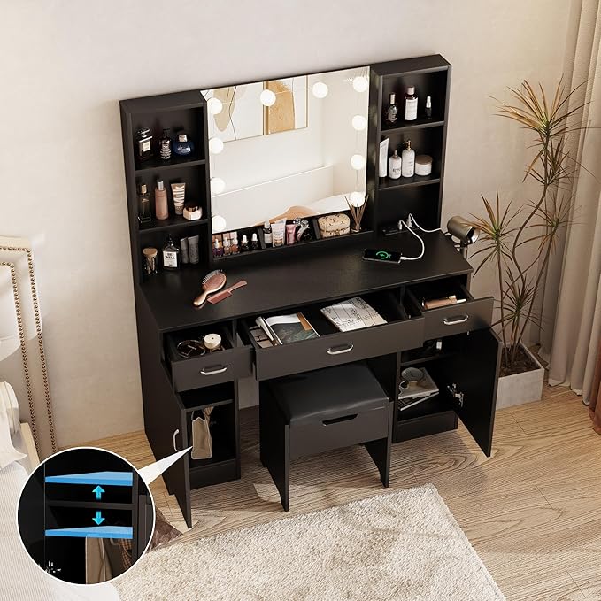 Makeup Vanity Table with Lighted Mirror & Power Outlets, Large Vanity Set Vanity Desk with Storage Stool, 3 Drawers, 3 Lighting Modes Brightness Adjustable, 45inch, Black