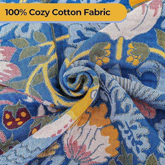 King Throw Blanket for Bed 100% Cotton Boho Oversized Soft Cozy Muslin Quilt Blanket Double Embroider Bird and Florals, Vintage Farmhouse Cottage Woven Blankets for Bedding Couch,90"×98"- Blue&Yellow