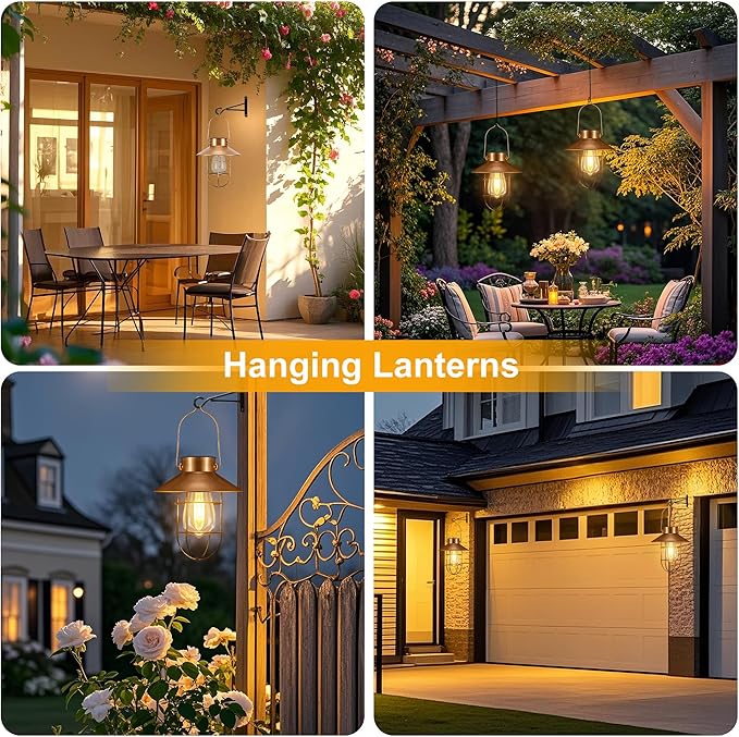 pearlstar 2 Pack Solar Lights Outdoor, Hanging Solar Lanterns with Edison Bulb and 2 x 32 Inch Shepherd Hooks, Waterproof Landscape Lighting for Garden Patio Yard Pathway Driveway Lawn (Copper)