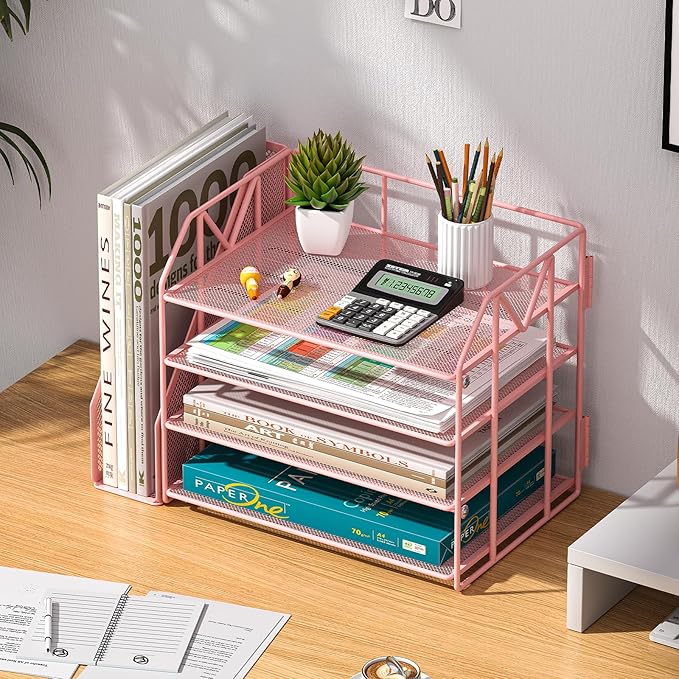 Pink Desk Organizers and Accessories with File Holder – Aesthetic Desk Accessories for Teen Girls – Decorative Office Desk Set with Magazine Rack – Room Desk Accessories for Women Office Setup