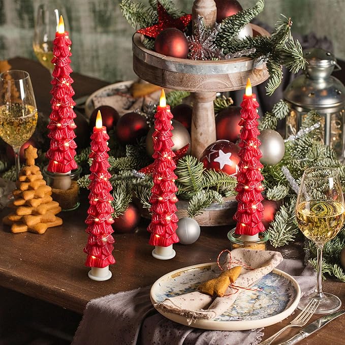 Christmas Tree Candles Surrounded by Fairy Lights, LED flameless Candle Lights with Remote Control Timing Function. red