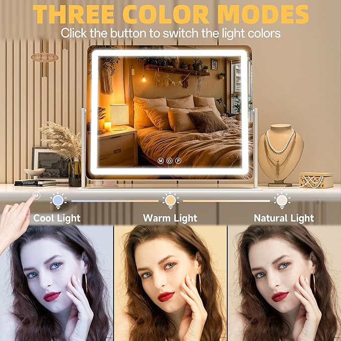 Large Vanity Mirror with Lights 34'' x 25.6'' - Touch Screen Hollywood Makeup Mirror, 3 Color Modes + Dimmable LED Lighting, Premium Aluminum Frame for Dressing Table