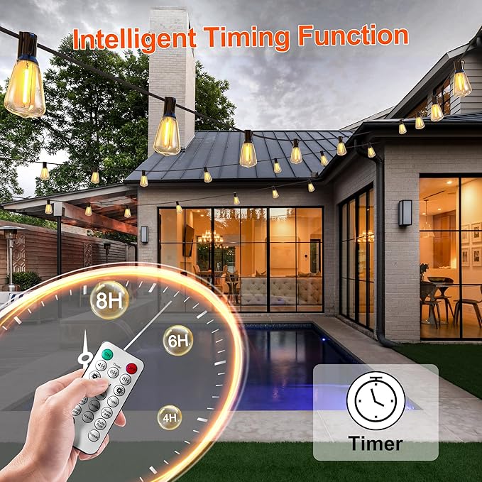 120FT Solar String Lights Outdoor Waterproof with Remote Control Solar Patio Lights 30+2 shatterproof LED ST38 Bulbs for Porch Garden Market Bistro Patio Backyard Fence