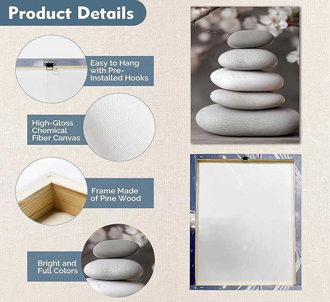 ZHJIOFXG 3 Piece Zen Canvas Wall Art Stacked Stones Cherry Blossom Candle Spa Wall Decor Minimalist Neutral Calming Art for Bathroom Bedroom Yoga Room Office Living Room 12x16in Wrapped Canvas
