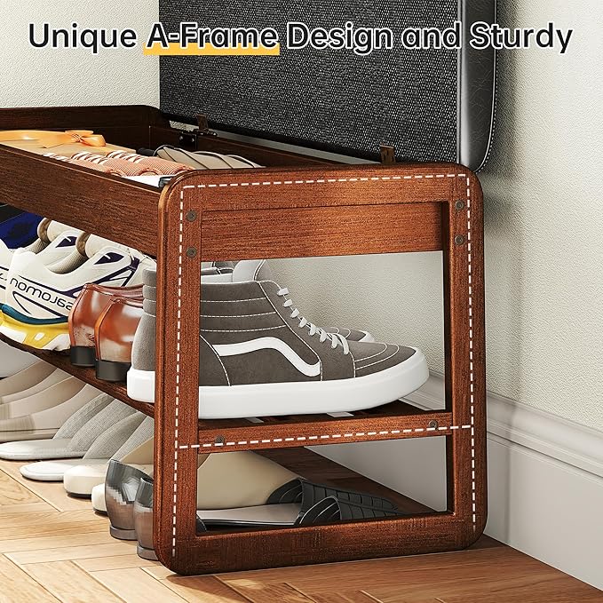 Shoe Rack Bench with Flip-Top Storage, Rubberwood 2-Tier Shoe Organizer with Cushion, Long Wooden Shoe Stand for Entryway, Mudroom, Hallway, Closet, Front Door Entrance, Foyer