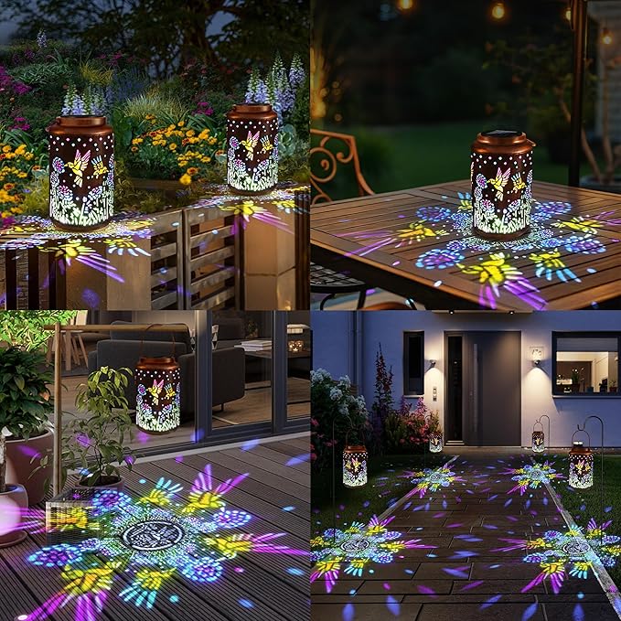 ODEETRONIC Solar Hummingbird Lantern with Colorful Projection - Hummingbird Birthday Gifts for Women Mom Grandma, Multicolor Hanging Lights Outdoor Waterproof, Solar Lantern Lights for Garden Patio