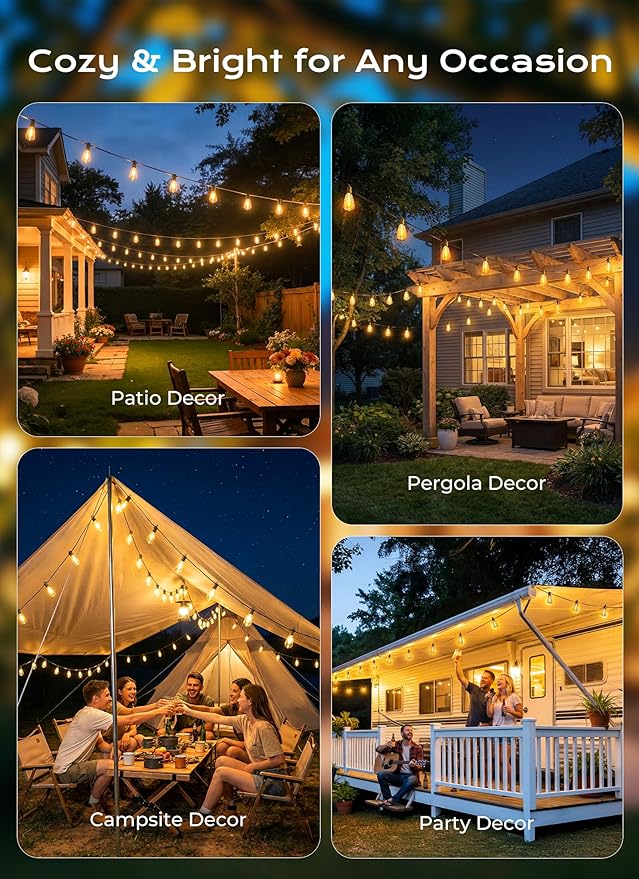 Brightown 108FT 50 LED Solar String Lights Outdoor Waterproof, Patio Lights with Remote, Dimmable & Timable, 3 Light Modes, Solar Lights Outdoor for Yard Camping Party Outside