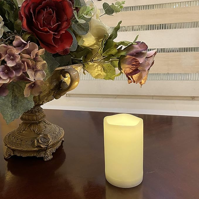 2 Pack Outdoor Flameless Pillar Candles with Remote and Timer Waterproof Battery Operated Electric LED Candle Set for Gift Home Décor Party Wedding Supplies Garden Christmas Decoration, 3” x 5”