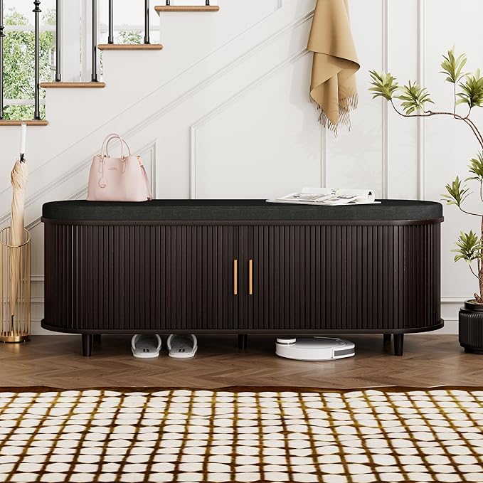 Entryway Bench with Storage: 51.2" Wooden Bedroom Shoe Bench with Thickened Padded Seat Cushion, Mid Century Modern Fluted Sliding Door and Adjustable Shelf, for Entryway, Living Room
