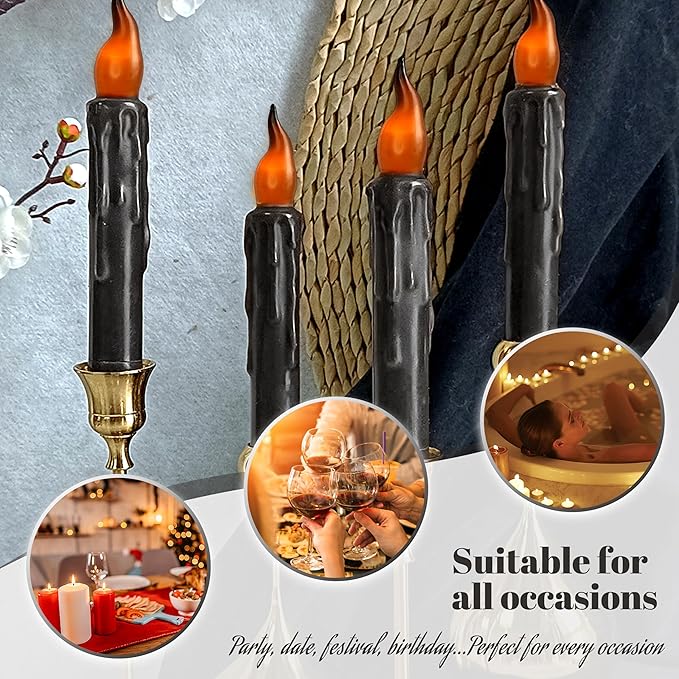 Black Flameless Short Taper Candles, Real Wax Hand Dipped LED Battery Operated with Remote, Flickering Flame Lights for Festival Party Home Décor, 6.7 Inch Primitive Flameless Candles, 2PCS