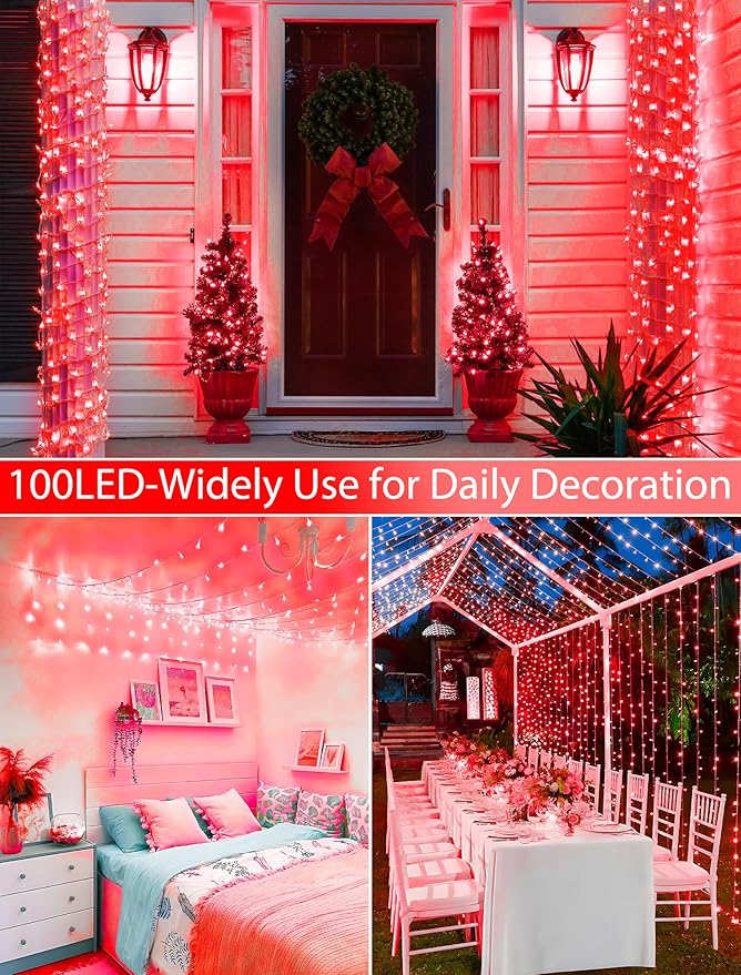 String Lights Indoor Bedroom, 33FT 100 LED Fairy String Lights Outdoor Waterproof, 8 Modes Memory Twinkle Christmas Light Plug in for Classroom Dorm Patio Tree Garden Decor (Red)