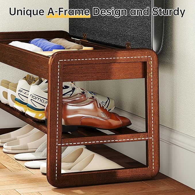 Shoe Rack Bench with Flip-Top Storage, Solid Rubberwood 2-Tier Shoe Organizer with Cushion, Wooden Shoe Stand for Entryway, Mudroom, Hallway, Closet, Front Door Entrance, Foyer