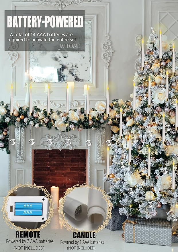 Christmas Tree Candles, 12 Pack Flameless Taper Candles for Christmas Tree Decor, Battery Operated with Remote Flickering LED Candles with Clear Crystal Ball Gold Hook for Xmas Gift Wedding Home Decor