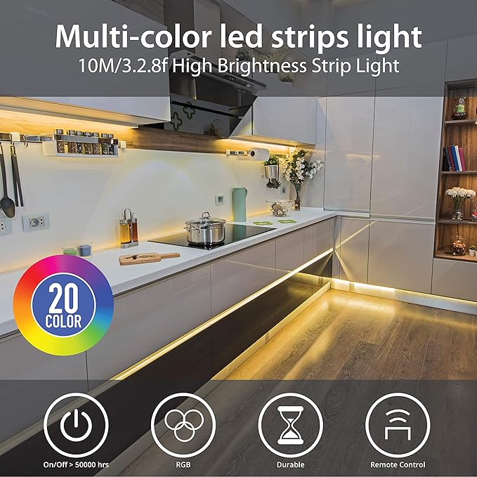 WBM SMART LED Strip Lights, LED Lights for Bedroom, 32 ft Long, 3M Strong Adhesive, Cutable LED Lights with IR Remote Controller