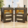 Night Stand Set 2 with Gun Drawer, Bedside Table with Charging Station, LED Nightstand with Human Sensor Light, Farmhouse End Table for Bedroom Living Room, Rustic