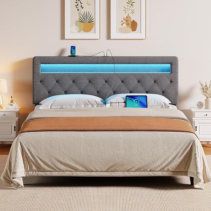 GREENSTELL Headboard for Queen Size Bed with 60,000 DIY Color of LED Light, USB & Type C Post, Upholstered, Height Adjustable, Sturdy, Easy Assembly, Wall Mounted Head Boards Only, Gray