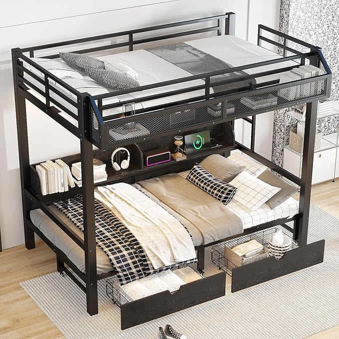 Bellemave Twin XL Over Twin XL Metal Bunk Bed with Storage Drawers and Shelves, Heavy Duty Bunk Beds with LED Lights and Charging Station for Kids,Adults,Convertible into a Sofa Bed,Black