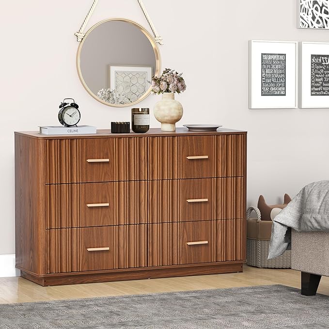 Fluted Double Dresser for Bedroom with 6 Drawers, 47" Wide Modern Chest of Drawers, Curved Profile Wood Storage Dressers TV Stand,Wooden Closet Clothes Storage Organizer for Living Room Hallway,Walnut