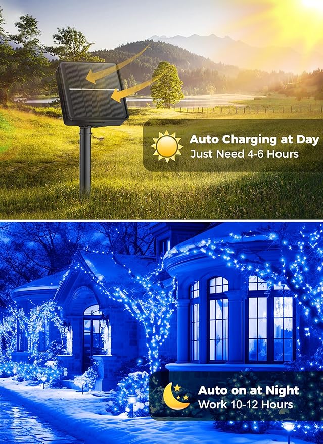 Minetom Solar String Lights Outdoor, 40FT 100 LED String Lights Solar Powered with 8 Lighting Modes, Waterproof Solar Patio Lights, Solar String Lights for Outside Tree Yard Halloween Decoration, Blue