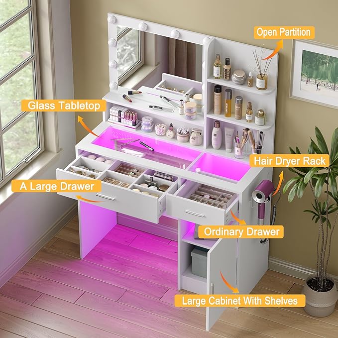White Vanity Desk with Mirror and Lights, Vanitys with Glass Top & Power Outlet, Dressing Table with 36 Lighting Modes Brightness Adjustable RGB Drawers, for Women Girls Bedroom