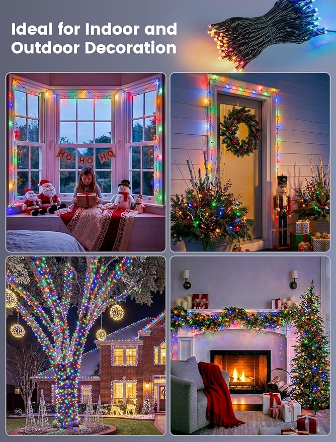 Hopolon Christmas String Lights Outdoor, 33 FT 100 LED Extendable Green Wire Twinkle Lights with Remote, 8 Modes Waterproof Fairy Light Plug in for Xmas Tree Wedding Party Patio Indoor (Multicolor)