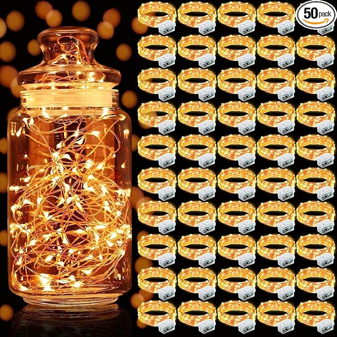 Aogist 50 Pack Fairy Lights 3 Modes 7ft 20 LED Waterproof,Battery Operated Silver Wire Firefly Starry Moon Mini String Lights for Mason Jars Christmas DIY Crafts Wedding Party Bedroom,Orange