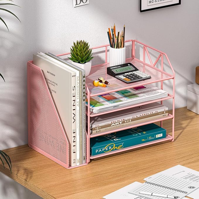 Pink Desk Organizers and Accessories with File Holder – Aesthetic Desk Accessories for Teen Girls – Decorative Office Desk Set with Magazine Rack – Room Desk Accessories for Women Office Setup