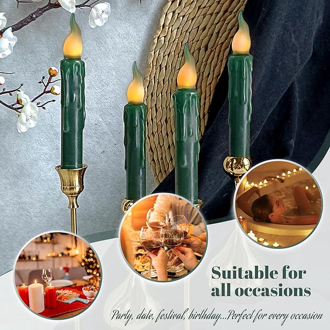Dark Green Flameless Short Taper Candles, Real Wax Hand Dipped LED Battery Operated with Remote, Flickering Flame Lights for Festival Party Home Décor, 6.7 Inch Primitive Flameless Candles, 4PCS