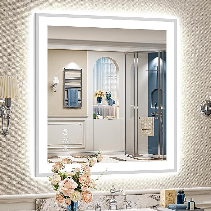 32x36 Brushed Nickel LED Bathroom Mirror with Lights, Sliver Framed Backlit and Front Lit Anti-Fog Lighted Vanity Mirrors for Bathroom Wall, Dimmable, 3 Colors, Memory, Tempered Glass, CRI＞90
