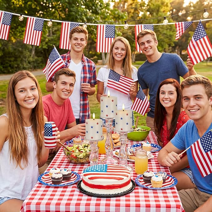 4th of July Flameless Pillar Candles with Red White and Blue Star Stickers, Battery Operated LED Pillar Candles with Remote and Timer, Real Wax Patriotic Candle Set of 3