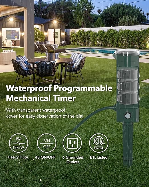 HBN 24 Hour Mechanical Outdoor Tmer for Lights Waterproof,6 Outlets Power Yard Stake for Halloween/Christmas Decorations,Outside Power Strip for Yard Garden,6 ft Extension Cord,1875W/15A