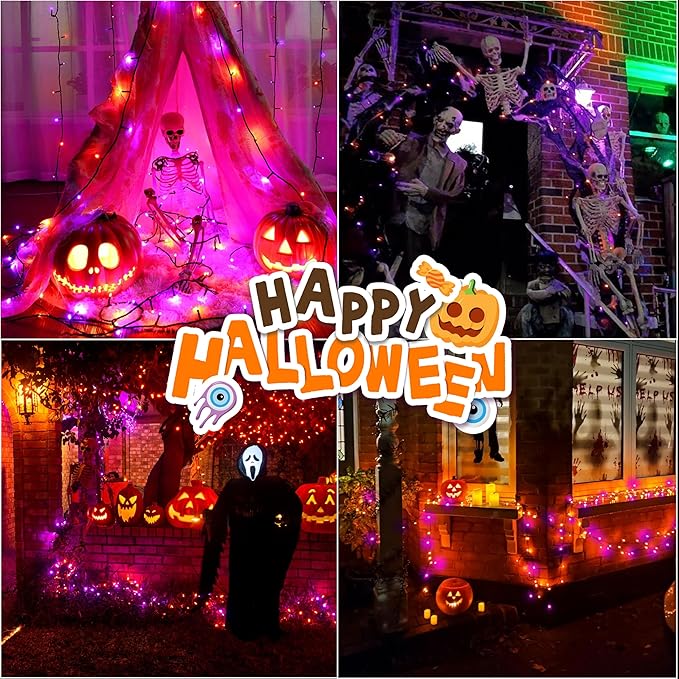 LAMPHOME 66ft Halloween Decorative Mini Lights, 200 LED Transparent Wire Fairy Starry String Lights Plug in, 16 Lighting Modes, for Halloween Decoration Outdoor Party Decoration (Orange and Purple)