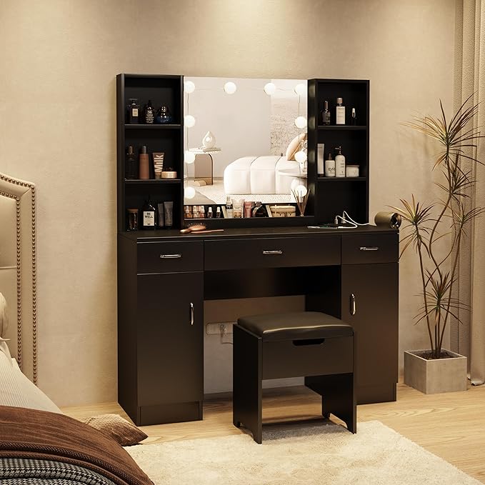 Makeup Vanity Table with Lighted Mirror & Power Outlets, Large Vanity Set Vanity Desk with Storage Stool, 3 Drawers, 3 Lighting Modes Brightness Adjustable, 45inch, Black