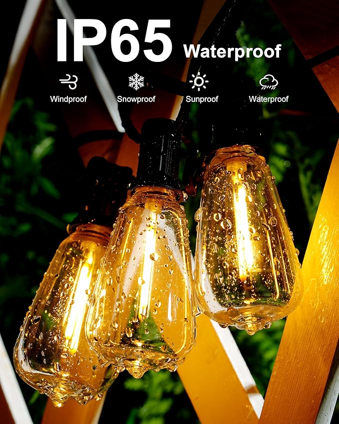 Patio String Lights Plug in 50FT LED Outdoor String Lights with IP65 Waterproof 27 Bulbs, Connectable Dimmable Edison ST38 Outside Lights for Garden, Yard, Porch, Backyard, Deck, Home Decor