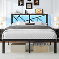 Full Size Black Metal Bed Frame with USB Charging Station, LED Ambient Lighting, and Wooden Storage Headboard - Includes Under-Bed Storage, No Box Spring Needed, Noise Free, Easy Assembly