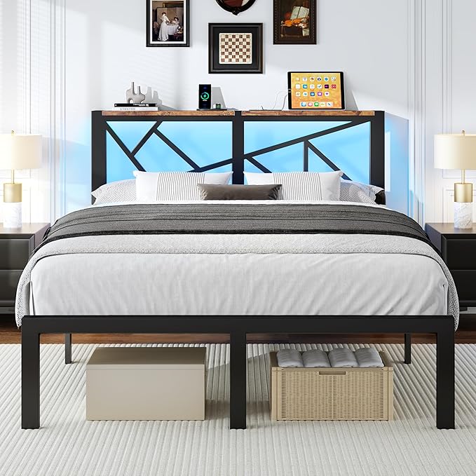 Full Size Black Metal Bed Frame with USB Charging Station, LED Ambient Lighting, and Wooden Storage Headboard - Includes Under-Bed Storage, No Box Spring Needed, Noise Free, Easy Assembly