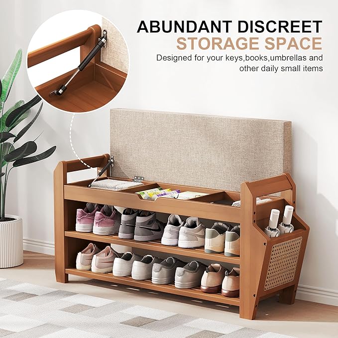 31.5" Bamboo Shoe Rack Bench with Storage, 3-Tier Entryway Bench with Thick Cushion, Flip-Top & Side Baskets, Holds Up to 550 LBS for Hallway, Living Room, Bedroom