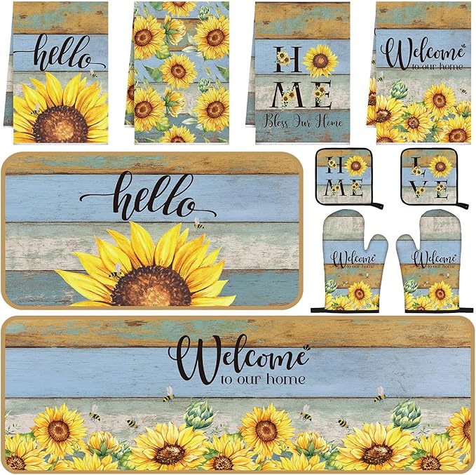 Fourluoo 10 Pcs Sunflower Kitchen Decor Set Sunflower Kitchen Towels and Rugs Oven Mitts and Pot Holders Farmhouse Decor for Women Mom Gift Cooking Baking Grilling