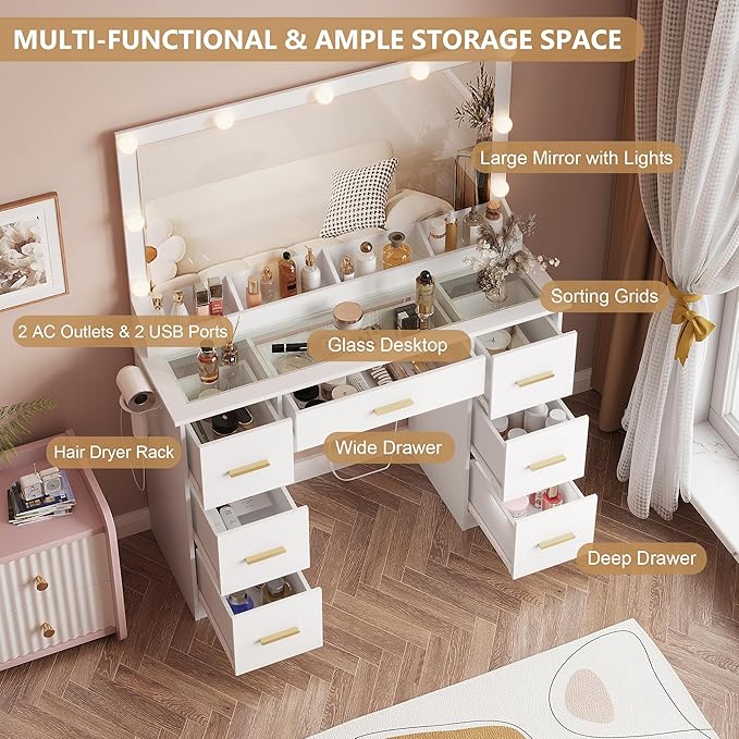 44" Vanity Desk with Mirror and Lights, Glass Top Makeup Vanity with RGB Ambient Lights & 7 Drawers, Large Dressing Table with Power Outlet for Bedroom, White
