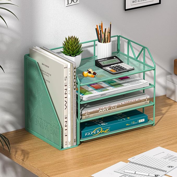 Green Desk Organizers and Accessories with File Holder – Aesthetic Desk Accessories for Women – Decorative Office Set with Magazine Rack – Desk Set for Office Setup and Decor