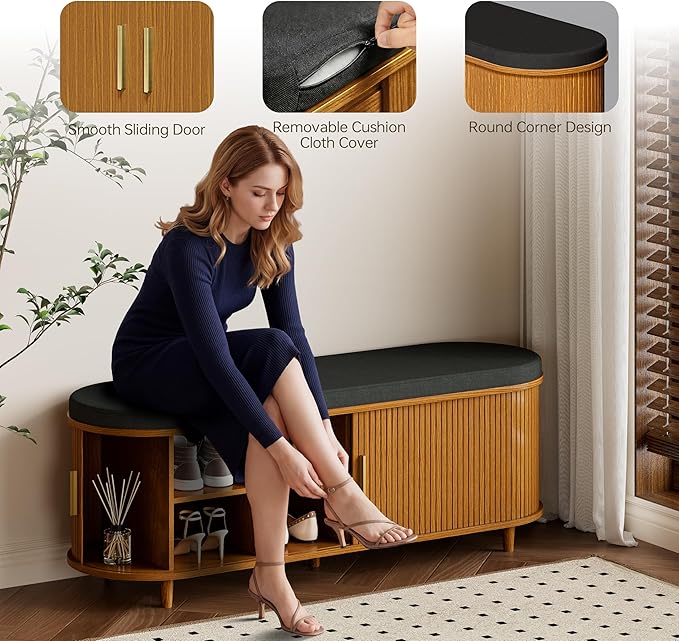 Entryway Bench with Storage: 51.2" Wooden Bedroom Shoe Bench with Thickened Padded Seat Cushion, Mid Century Modern Fluted Sliding Door and Adjustable Shelf, for Entryway, Living Room